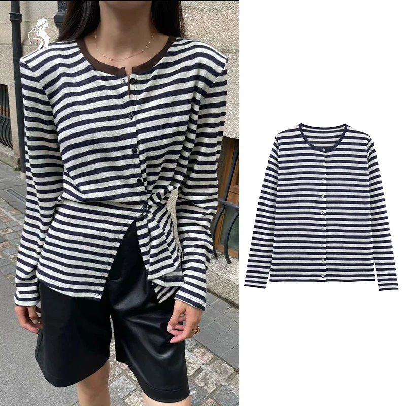 

Womens Knitted Cardigan Striped Long Sleeve Single Breasted Round Neck Casual Cardigan Everyday Versatile Knitted Cardigan