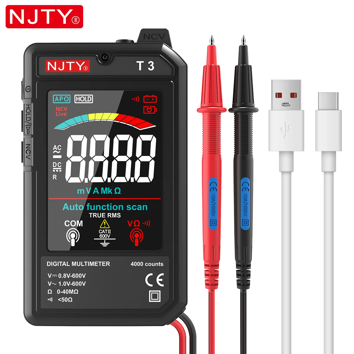 T3 Automotive Multimeter Auto-Ranging 4000 COUNTS Digital Multimeter NCV Test Slim Portable Automotive Diagnostic Tool USB