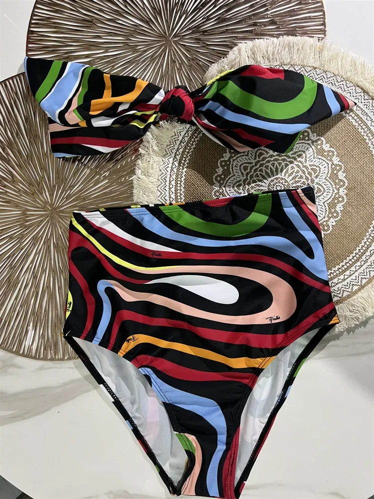 Women Split Swimsuit Bikini Striped Geometry Pattern One-Piece Swimsuit