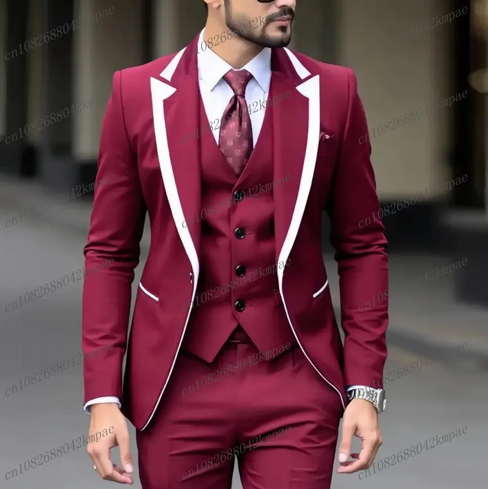 

Бордовый и белый мужской костюм для торжественных случаев, жениха, жениха, свадебной вечеринки, выпускного вечера, мужские смокинги, комплект из 3 предметов, пиджак, жилет, брюки