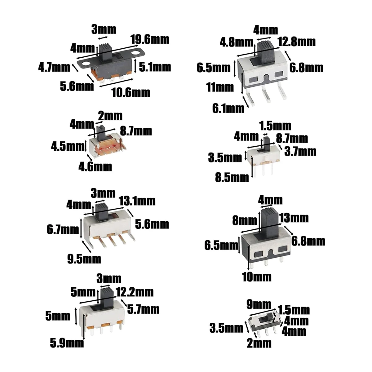 70PCS 8 Types Vertical Micro Mini Slide Switchs Switch Single Row Inline, 3 Pin 2 Position 1P2T SPDT Toggle Switches Panel
