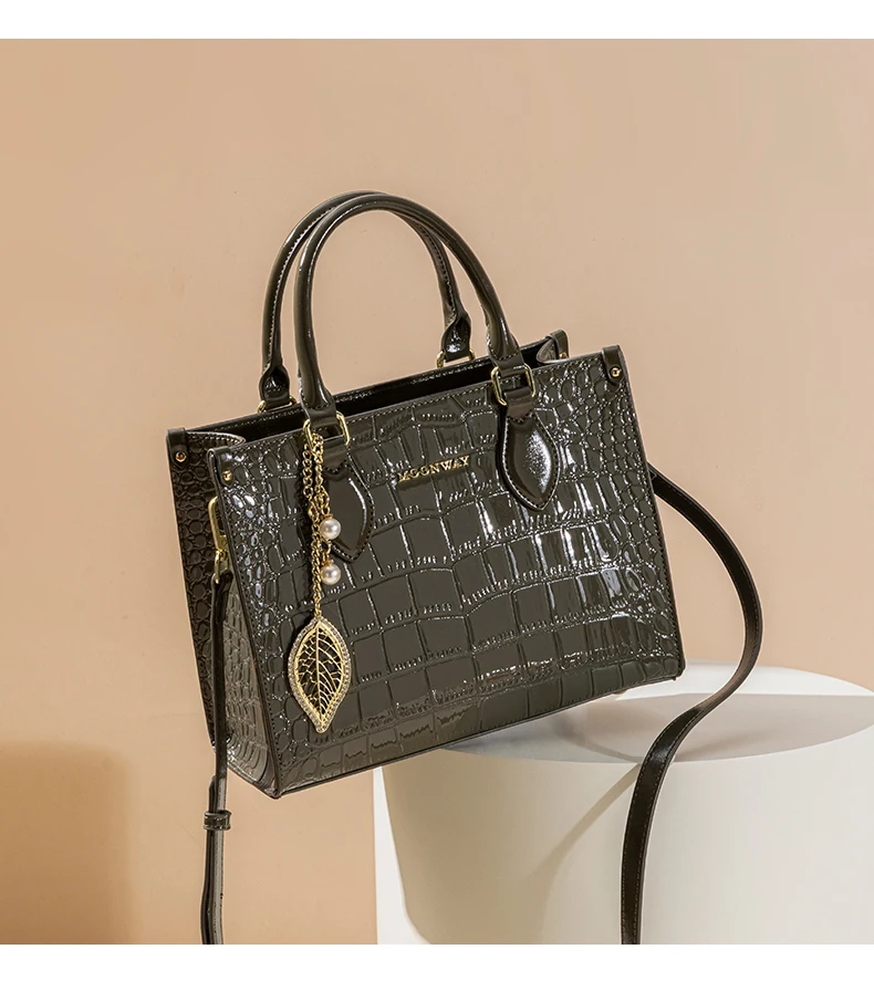 Croc Embossed Top Handle Bag Glossy Elegant Crossbody Purse Shiny Square Shoulder Satchel Handbags For Women With Leaf Pearl Charm
