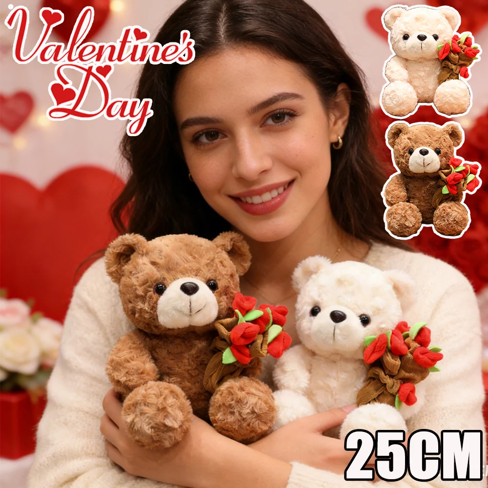 

25CM Adorable Bear with Rose Hat and Flower Bouquet Valentines Gift for Her Romantic Anniversary Birthday Surprise Doll
