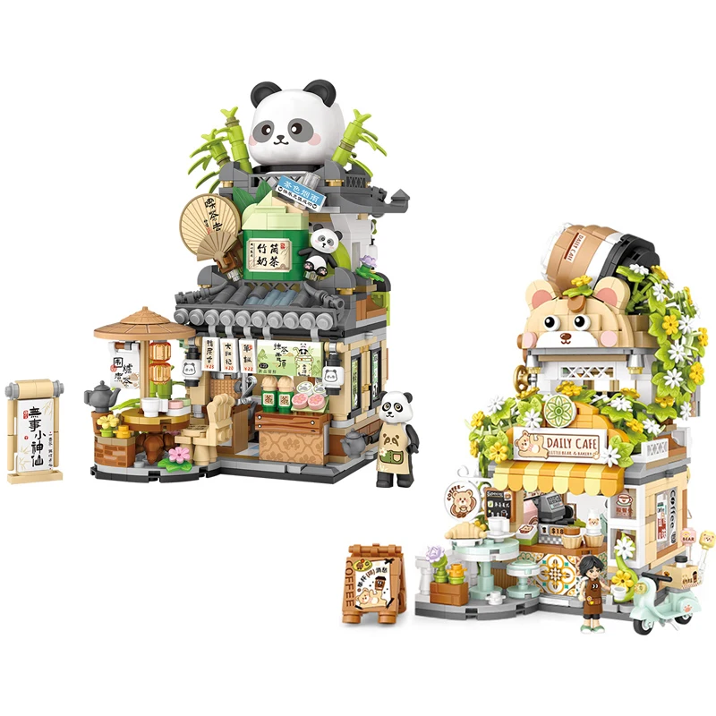 Piccole particelle Building Blocks Street View Panda Tea House Orso Caffetteria Building Blocks Giocattoli Modello Regalo di Capodanno fai da te