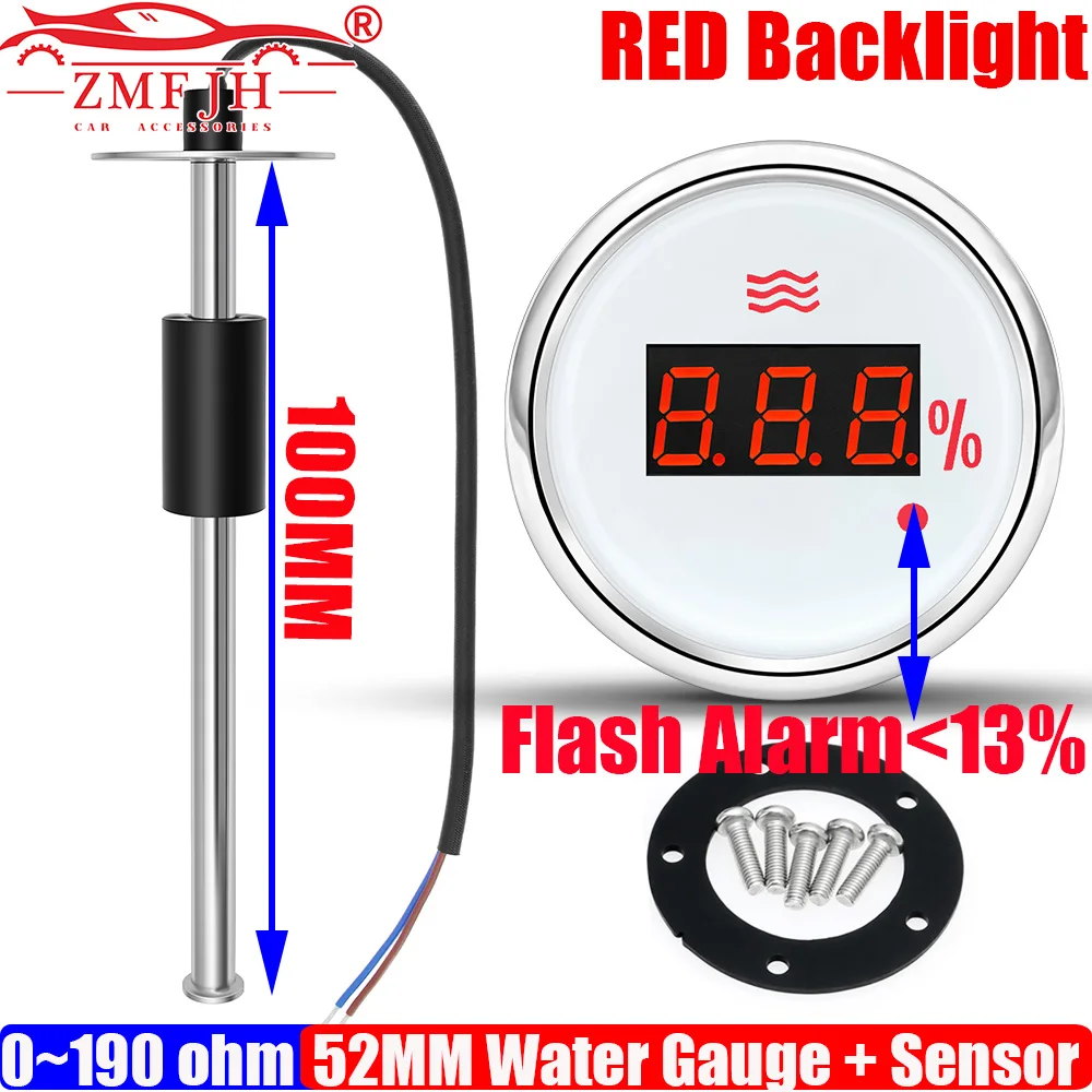 

ZMFJH Digital 52MM Water Level Gauge with Flashing Alarm 0-190ohm Water Level Sensor 100-550mm Car Water Tank Meter Red Light