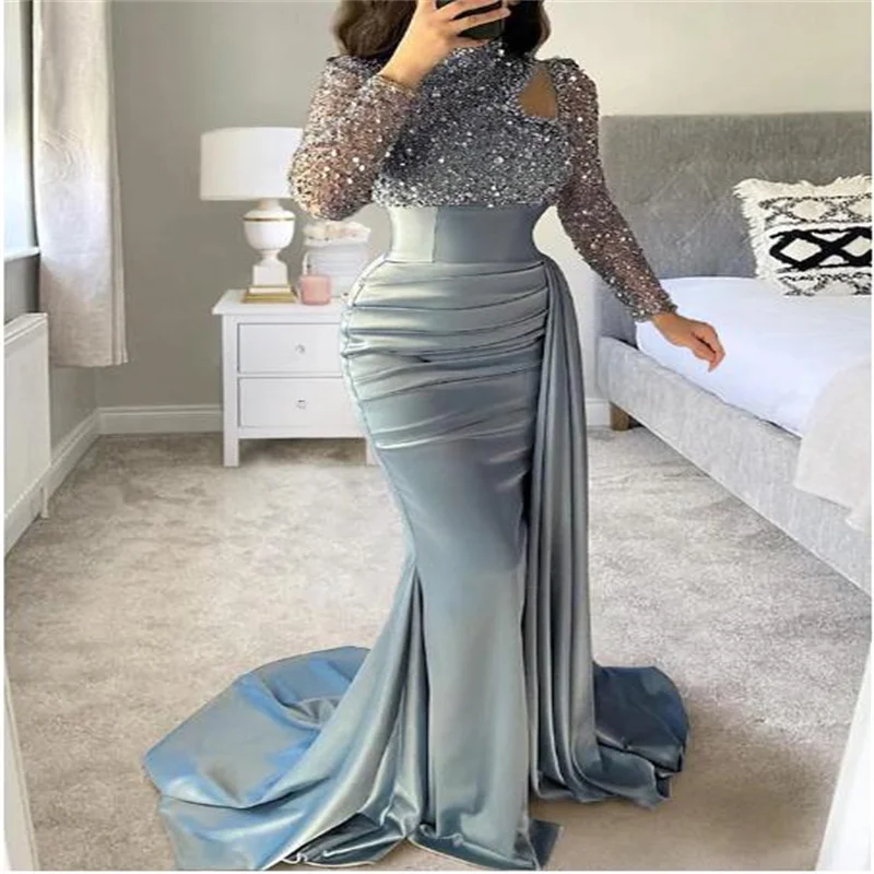 Mermaid / Trumpet Evening Gown Sliver Elegant Dress Formal Sweep Train Long Sleeve High Neck Satin with Pearls Sequin 2024