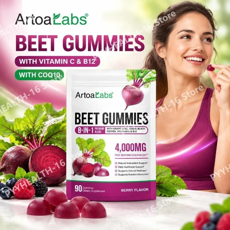 Beet Root Gummies with CoQ10, Grape Seed Extract, Vitamin C & B12, Antioxidant Daily Wellness Support, Berry Flavor, 90 Gummies