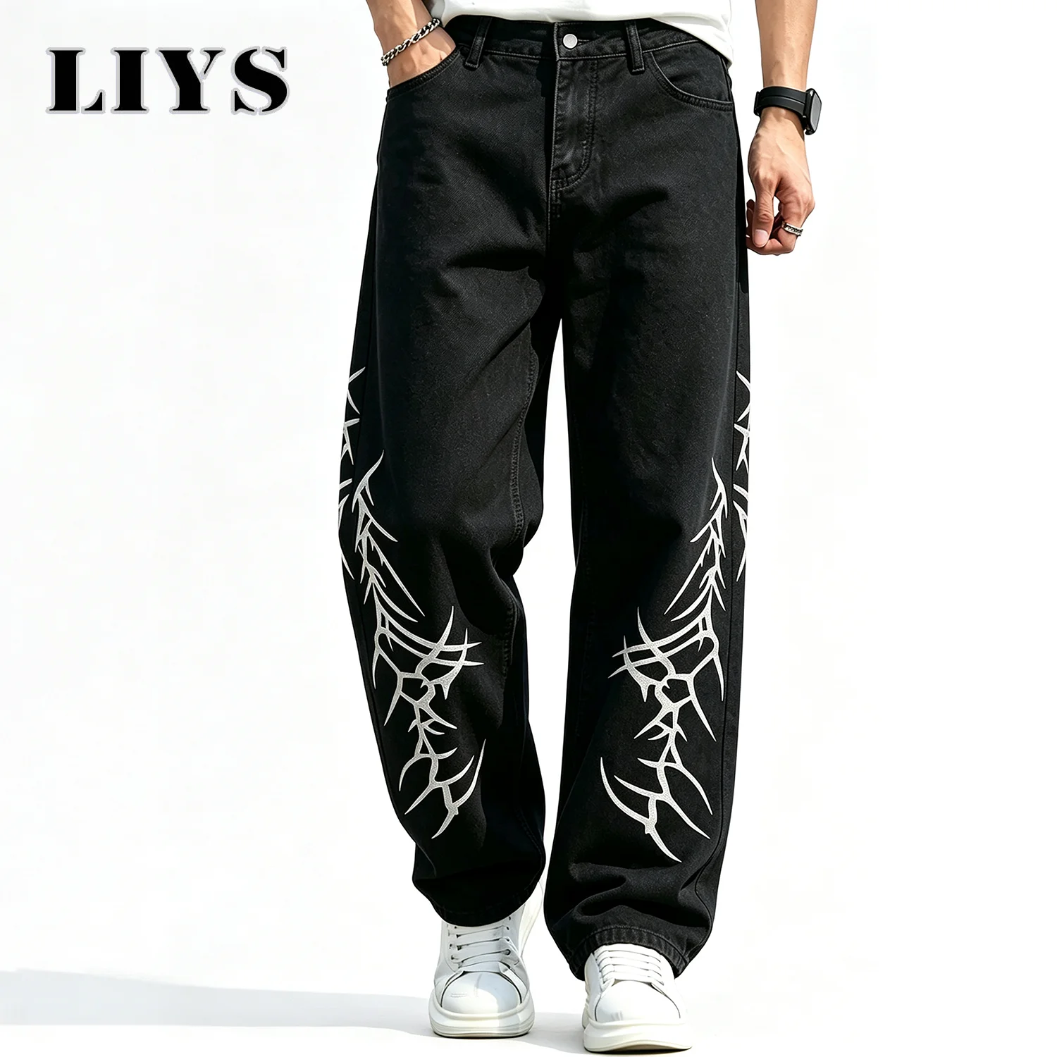 Men's Black Straight Leg Jeans Streetwear Denim Pants Y2K Streetwear Hip Hop Loose Straight Trousers Vintage Casual Trousers