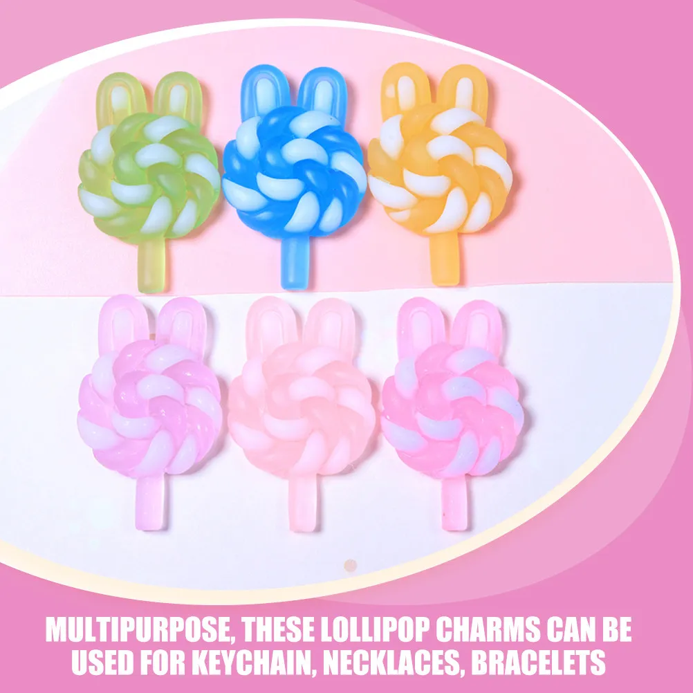 24Pcs Cute Cartoon Lollipop Charms Rabbit Shaped Glowing Plastic Resin Pendants for DIY Craft Jewelry Supplies Keychain Necklace