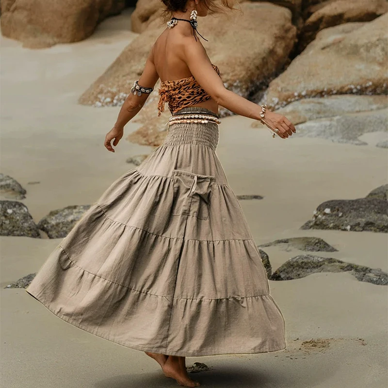 

Women's Fashion Hight Waist Draped Long Skirt Elegant Elastic Waist Big Swing Skirt Casual Pocket Solid Color Loose Half Skirts