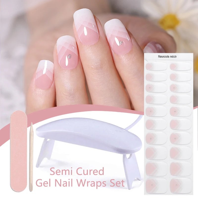 Harunouta 1 Set Semi Cured Gel Nail Stripes with Nail Dryer Gradient Jelly Glitter DIY Press on Nails Stickers Nail Starter Kits