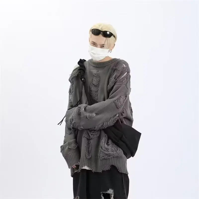 

Luxurious Sweater Asymmetrical Layered TwoPiece Pullover ExtraThick Ripped Openwork Knit Reversible Relaxed Oversized Jumper