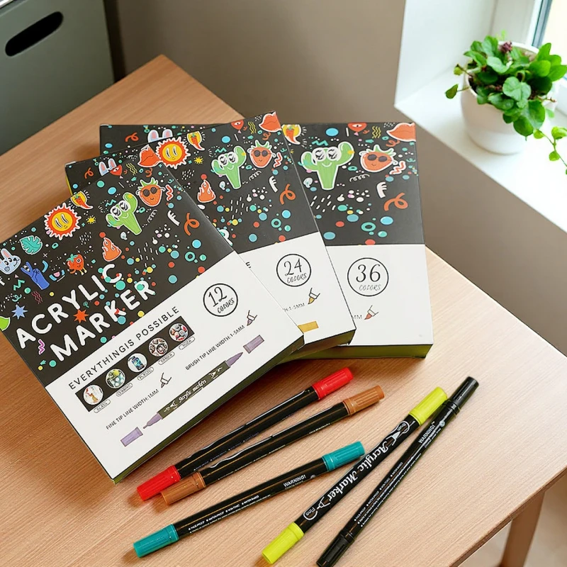 

12/24/36/48 цветов, акриловые ручки с двойным наконечником, маркеры для дерева, холста, камня, камня, живопись, стекло, керамические поверхности, сделай сам, ремесло