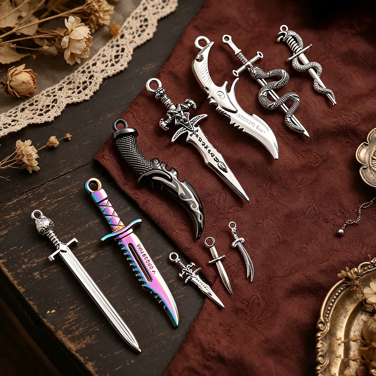 10-Piece Set of Mixed Vintage-Style Swords and Knives for DIY Crafts, Including Colorful Blade Daggers, Black-Handled Curved Swords, Snake-Wrapped Long Swords, Magic Head Short Swords, and Mini Weapons in Various Designs, Suitable for DIY Bracelets, Necklaces, Earrings, Pendants, and Handmade Beaded Decoration Accessories