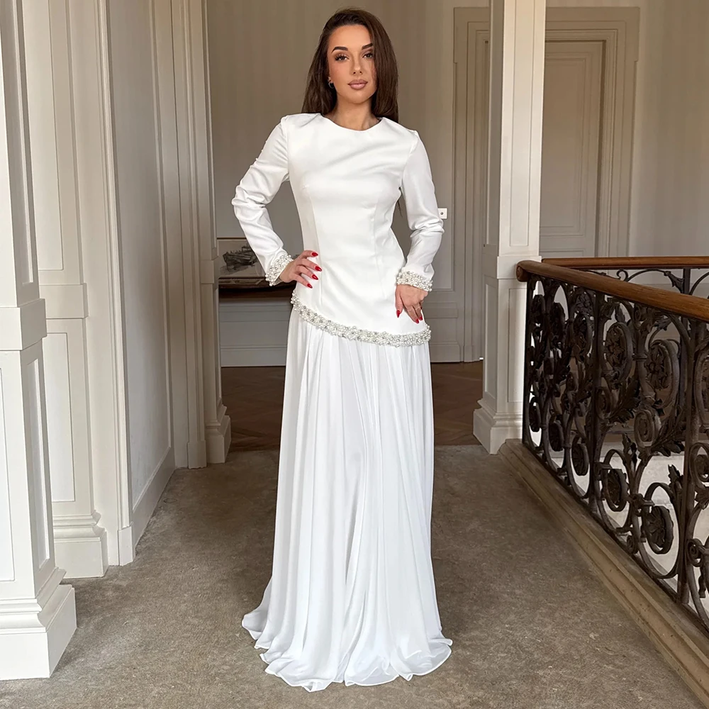 

Graceful White Chiffon Evening Dress Customized Long Sleeves with Beading O-Neck Zipper Back Saudi Formal Party Prom Dresses