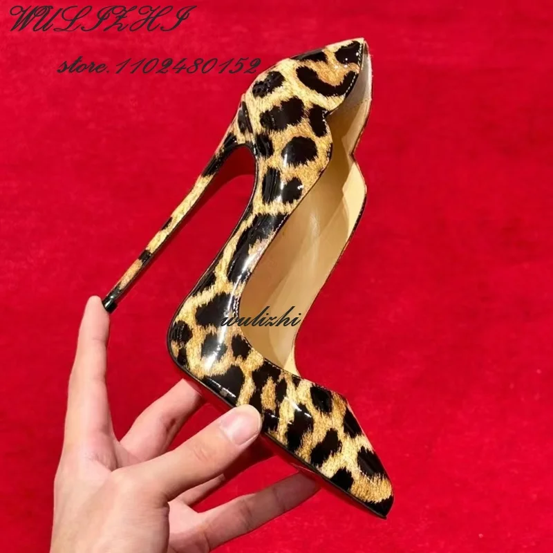 Apricot Spot Brown Leopard Print Stiletto Pump Woman Red Black Totem Print Heels Girl Party Wild Pointed Toe 12Cm Hot Chick Shoe