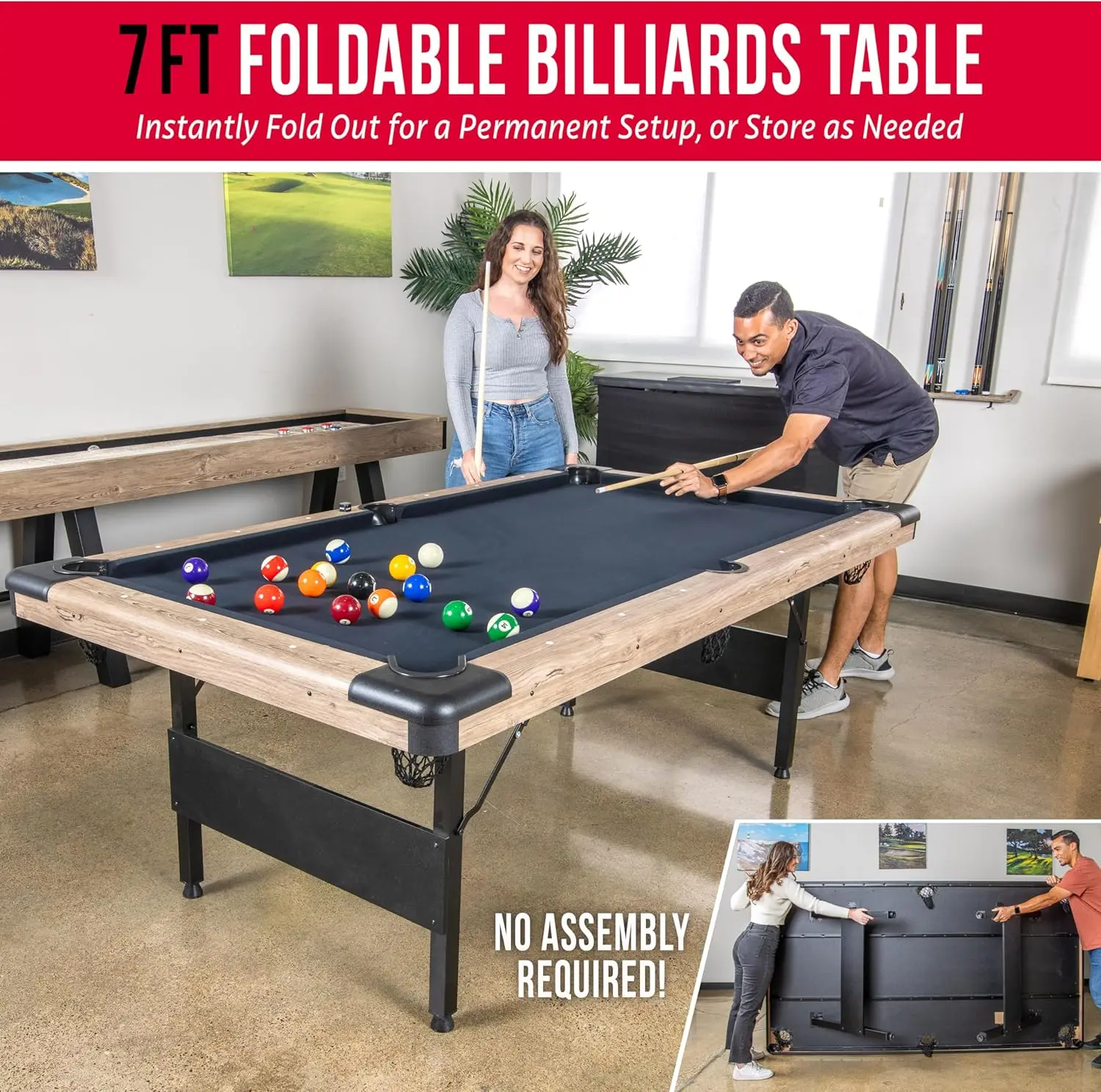 7 or 8 ft Portable Pool Table - No Assembly Required Folding Billiard Table