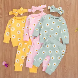 0-18M Neugeborenen Trainingsanzüge Baby Mädchen Kleidung 2 stücke Daisy Print Langarm Sweatshirts Tops Hosen Stirnband herbst Outfits