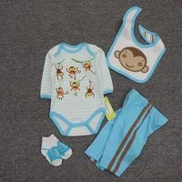 Clearance 4Pcs 9-12M Cute Monkey Cartoon Short Sleeve Summer Cotton Baby Boy Bodysuit Shorts Bib Socks Set