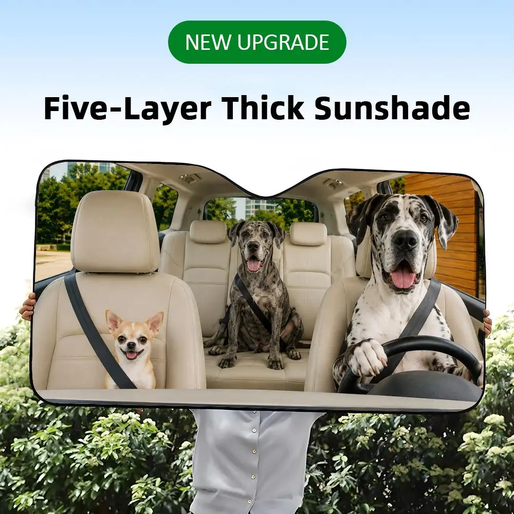 A five-layer thick car windshield sunshade with a funny graphic print of a Great Dane driving and a Chihuahua as a passenger.