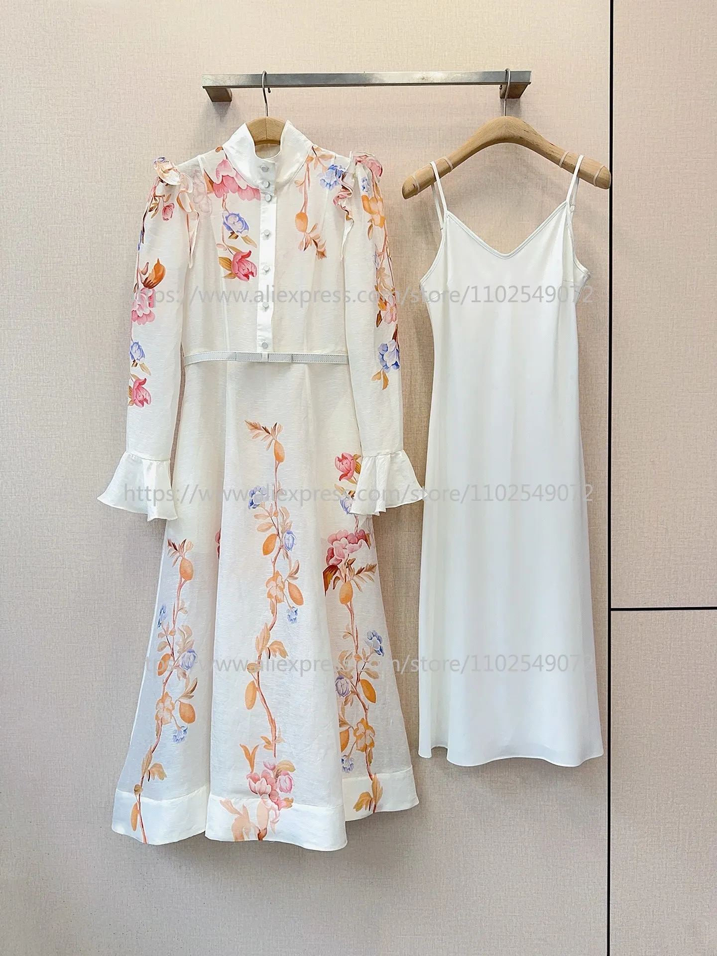 

2026 New White Floral Midi Shirt Dress Stand Neck Long Sleeve with Ruffle Trim and Belt for Vacation
