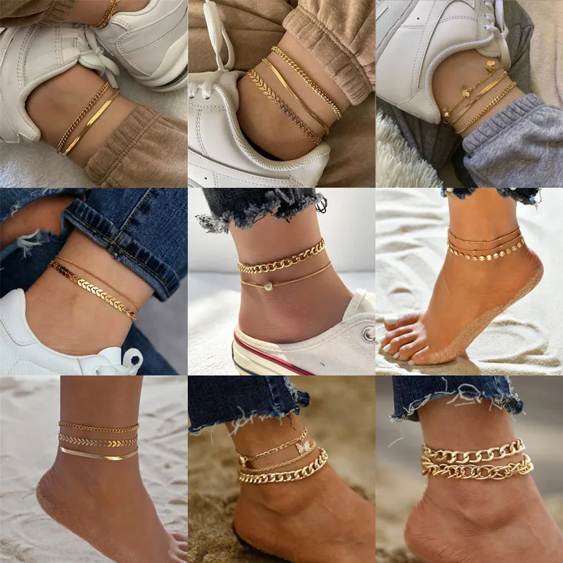 YOBEST New Vintage Simple Gold Color Link Chain Anklets for Women Bohemian Leaves Ball Snake Anklet Bracelet Jewelry Gifts