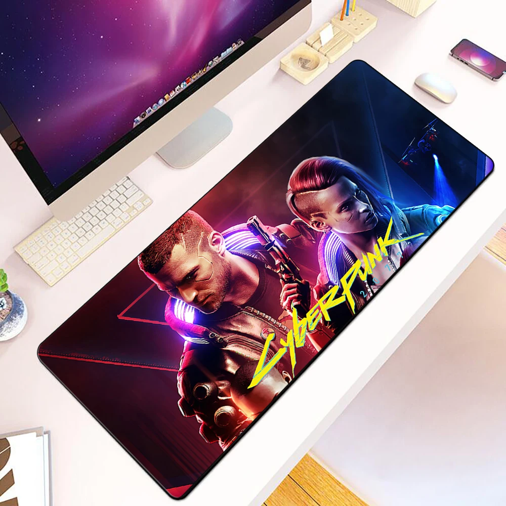 Podkładka pod mysz dla graczy w cyberpunkowe gry science fiction, druk HD, obszyta krawędziami, antypoślizgowa, XXL 90x40cm, podkładka na biurko pod klawiaturę i PC. — zdjęcie produktu 6