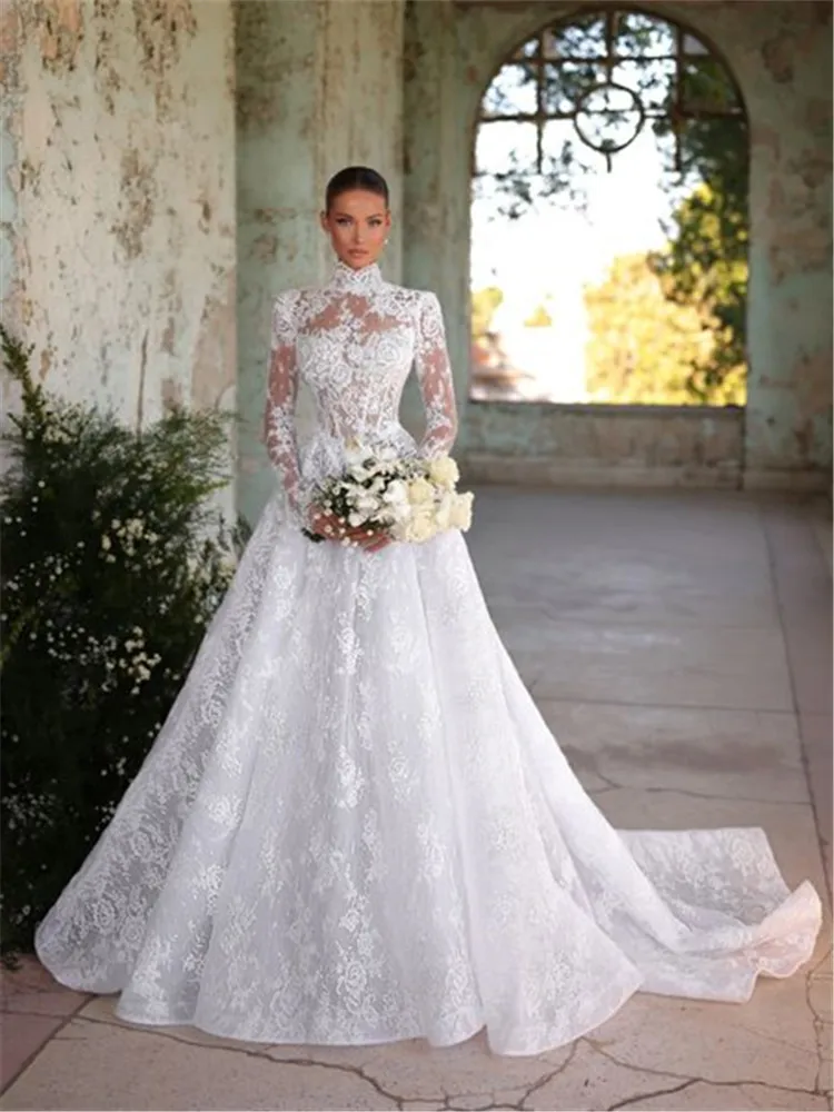 

Vintage Wedding Dress Vestido De Novia Encaje Para Boda Por La Iglesia Manga Larga Cuello Alto Corset Vestidos 2025 Alta Calidad