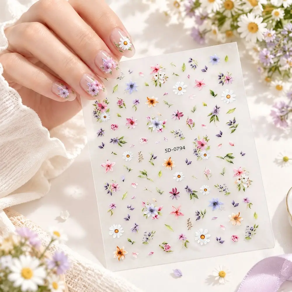 1Pc Stylish Nail Sticker Pastel Mixed Color Daisy Floral Decal Transparent Self-Adhesive For Spring Home Manicure DIY Kit