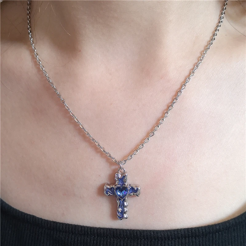 Trendy Vintage Punk Black Pink Blue Transparent Cross Pendant Chain Necklace For Women Men Y2k Cool Neck Jewelry EMO Accessorie