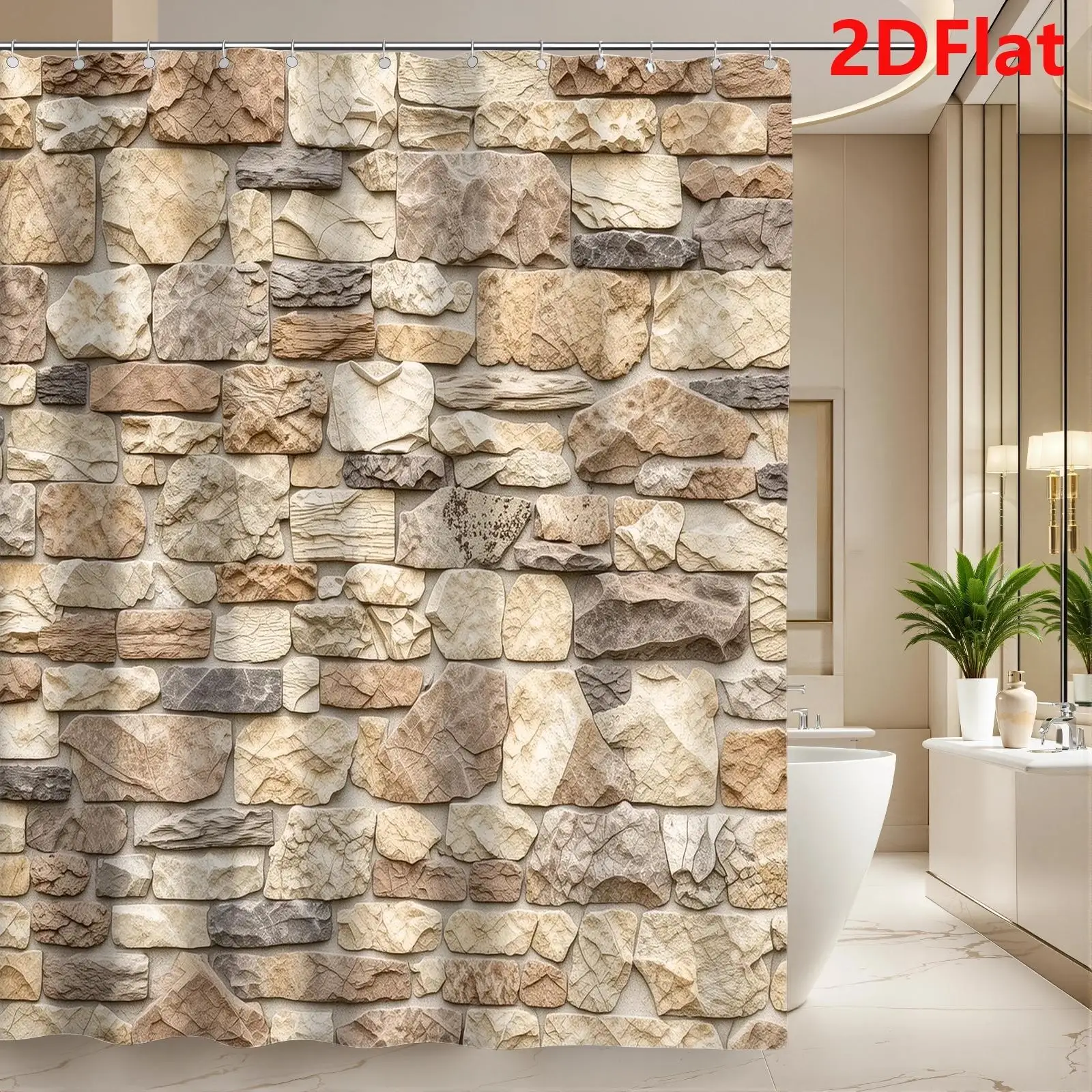 Realistic Stacked Stone Tile Shower Curtain Waterproof Bathroom Decor Natural Rock Wall Panel Shower Curtain