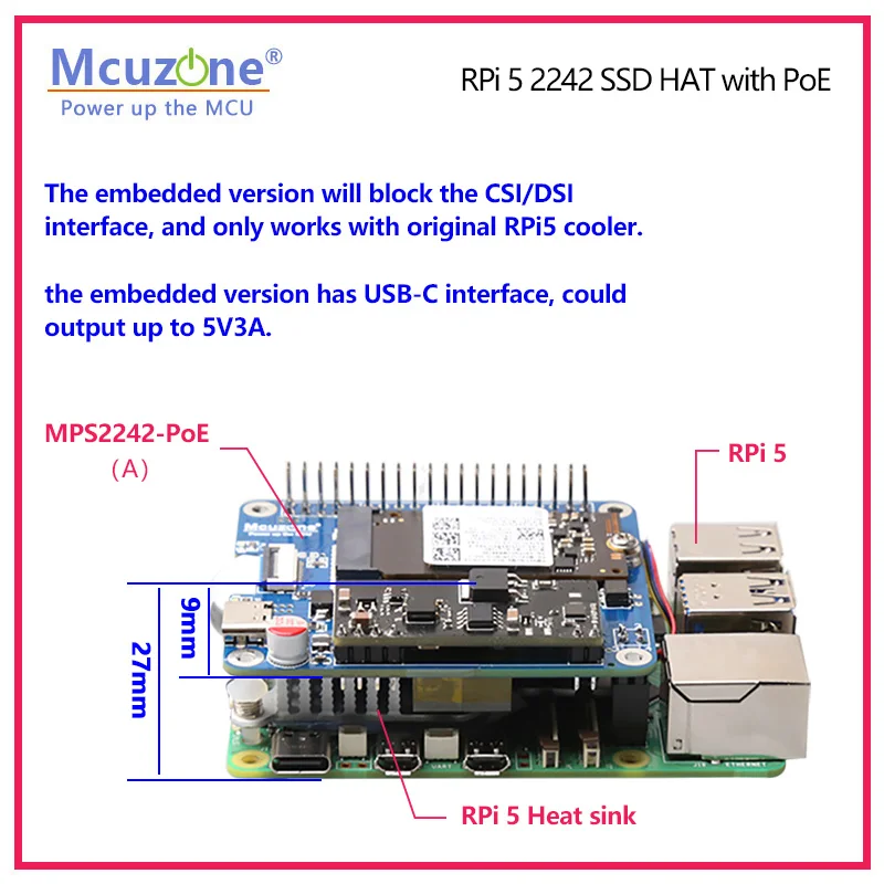 Imagem -03 - Fonte de Alimentação Rpi Pcie para Ssd Nvme 2242 Hat 5v4.5a Suporta 2.2230 Mps2242-poe