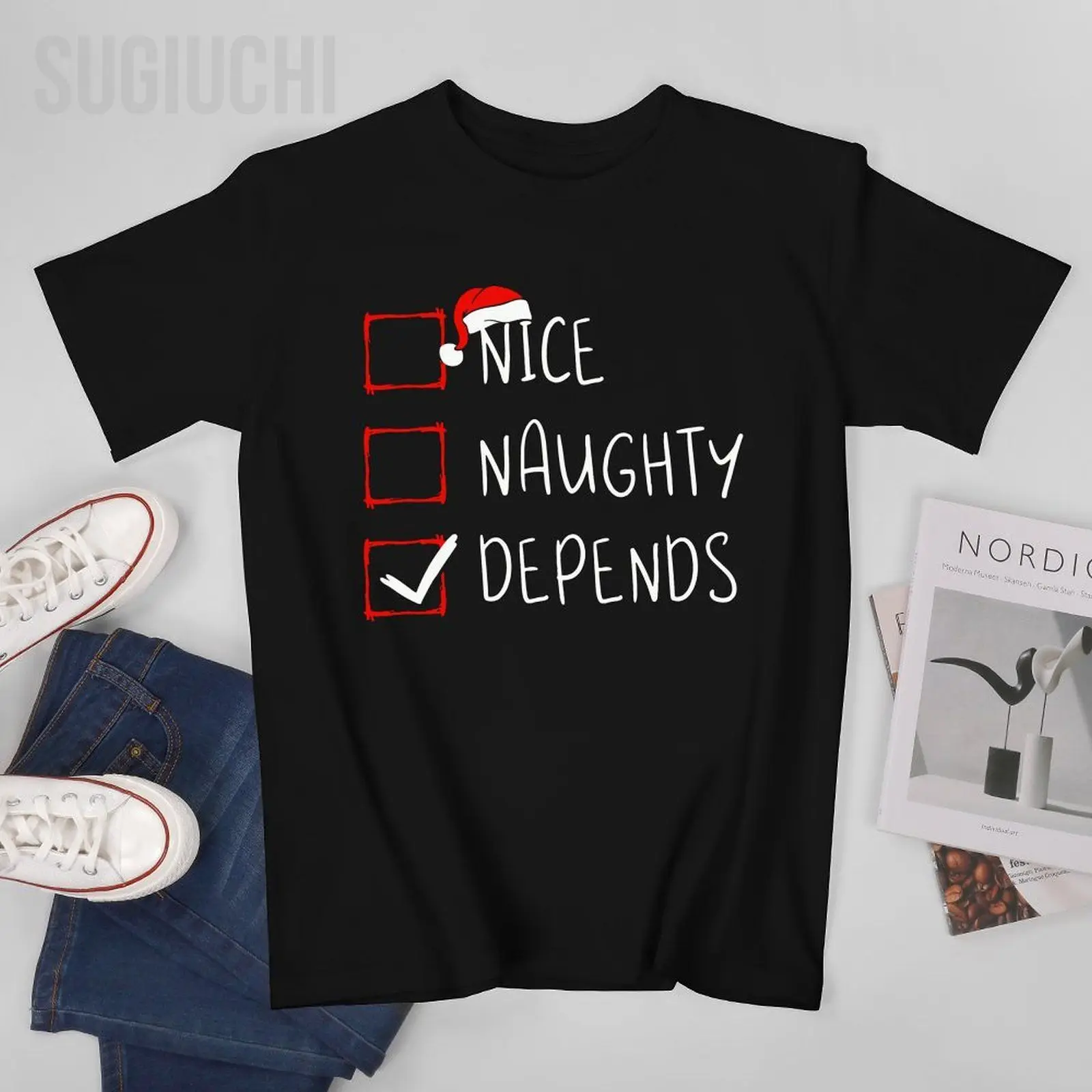 Unisex Men Nice Naughty Depends Christmas List Xmas Santa Claus Tshirt Tees T Shirts Women Boys 100% Cotton T-Shirt
