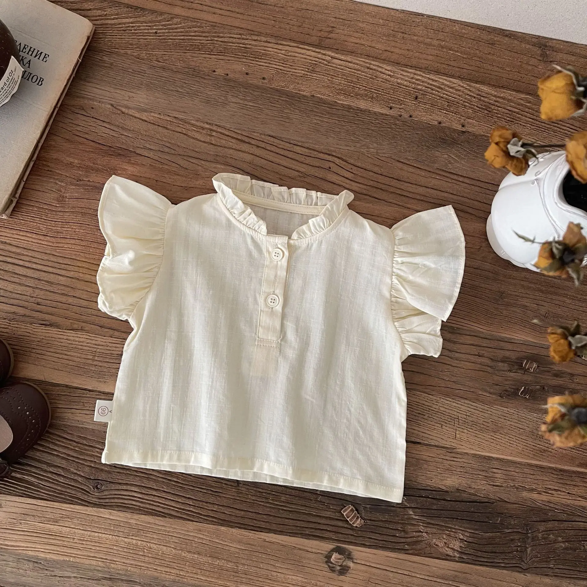 Blouses Summer Flying Short Sleeves Collar Shirt Baby Clothing Sweet Undershirt 2024 Simple Button Pleated Loose Lovely