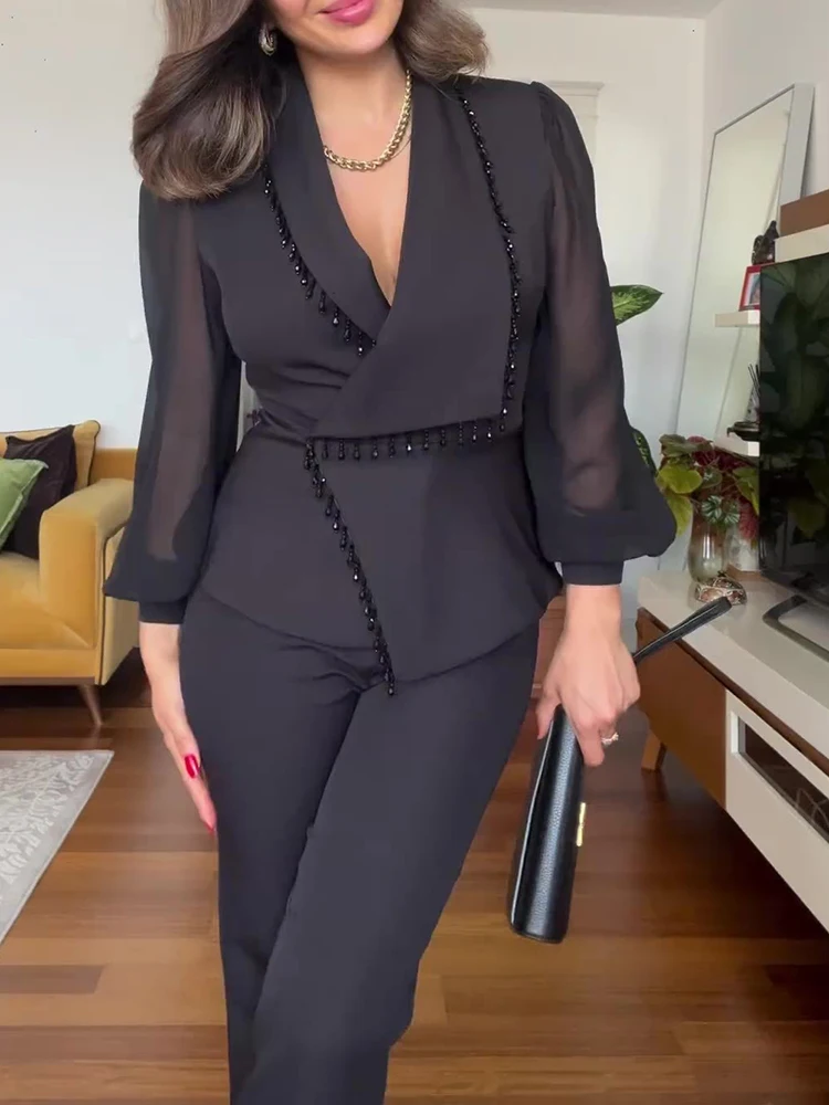 우아한 여성용 하이웨이스트 출퇴근용 롬퍼스 기품 있는 브이넥 비즈 장식 태슬 점프수트 패셔너블한 솔리드 컬러 와이드 레그 플레이수트