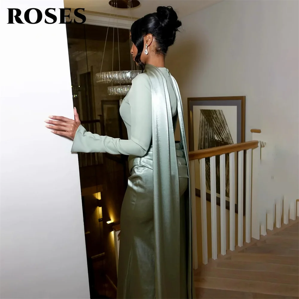 ROSES Mint Green Party Dress O Neck Mermaid Evening Dress Ruched فساتين السهرة Long Sleeve Gala Dress Customized image 2