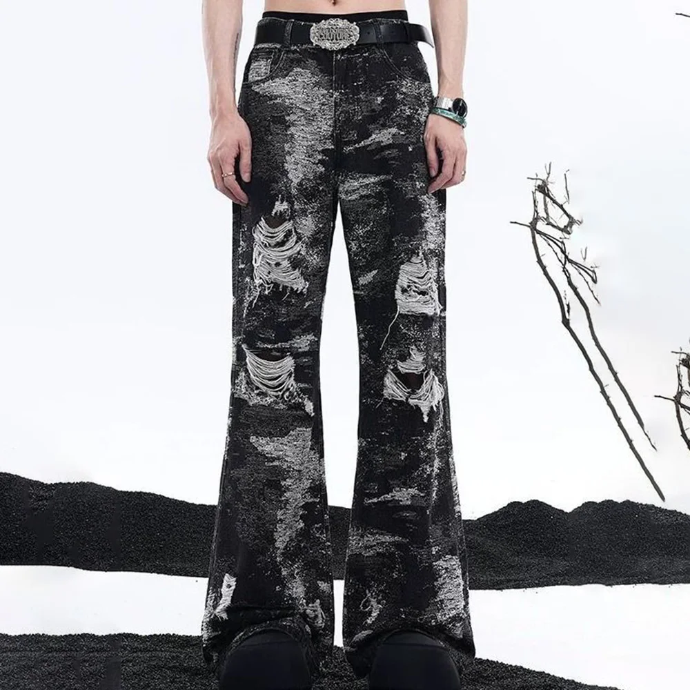 

2025 Summer New Men's Washed Ripped Colorblock Jeans American Retro Fashion Trend Street Hip-Hop Casual Loose Niche Mens Bottoms