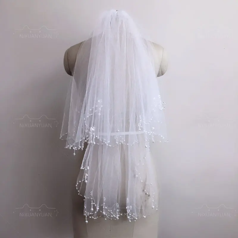 BlingBling White Ivory 80CM Short Bridal Veils Crystal Rhinestone Sequin Pearls Edge 2T Wedding Veils with Comb Hot Accessories