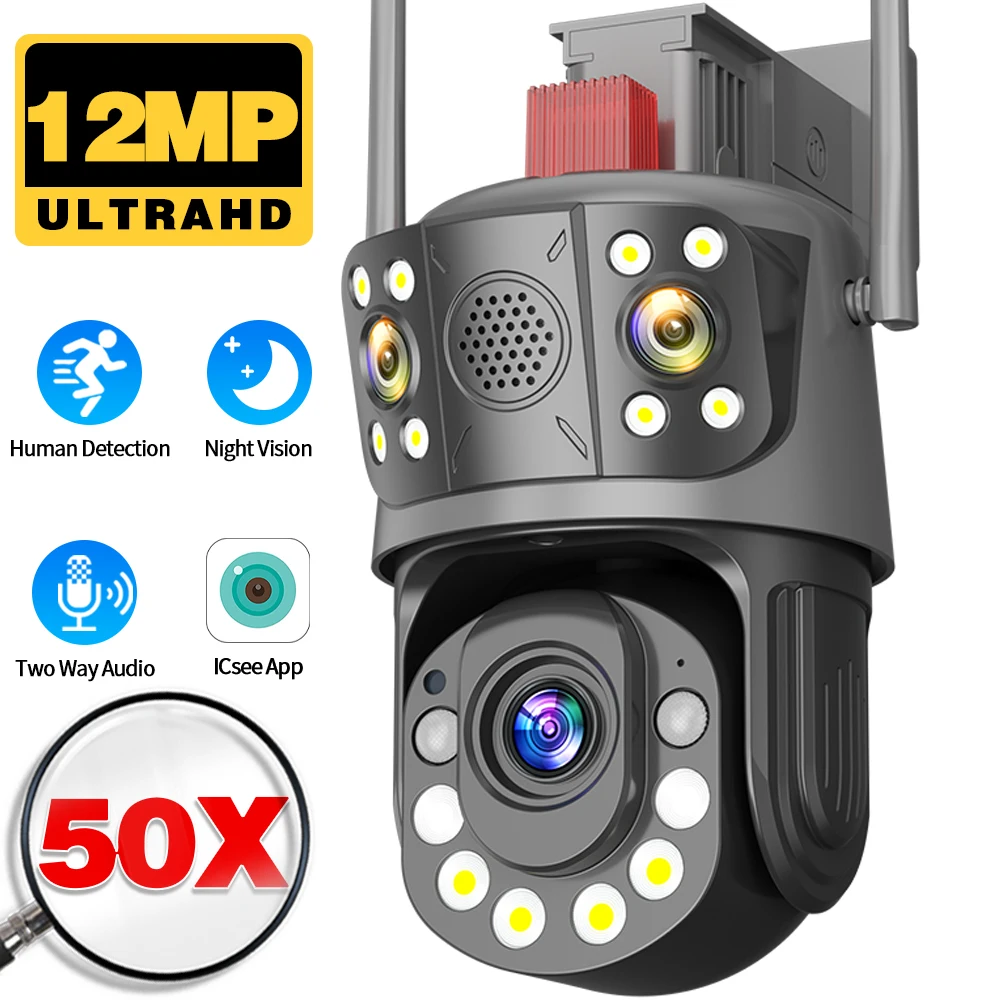 

Уличная беспроводная PTZ-камера с тремя объективами, 12 МП, 6K, 50-кратный оптический зум, Wi-Fi камера наблюдения, умная камера видеонаблюдения, CCTV iCSee