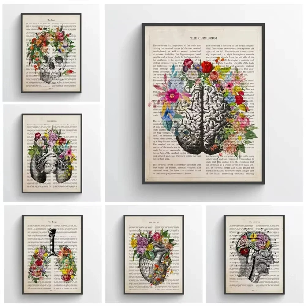 Vintage Human Anatomy Flowers Art Poster Print Canvas Painting Medical Heart Anatomy Wall Picture For Hospital Clinic Decor