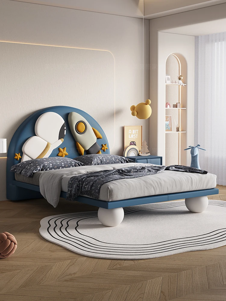 

Children's bed cartoon creative space rocket boy 1.2 meters solid wood round feet simple modern leather solid wood furniture