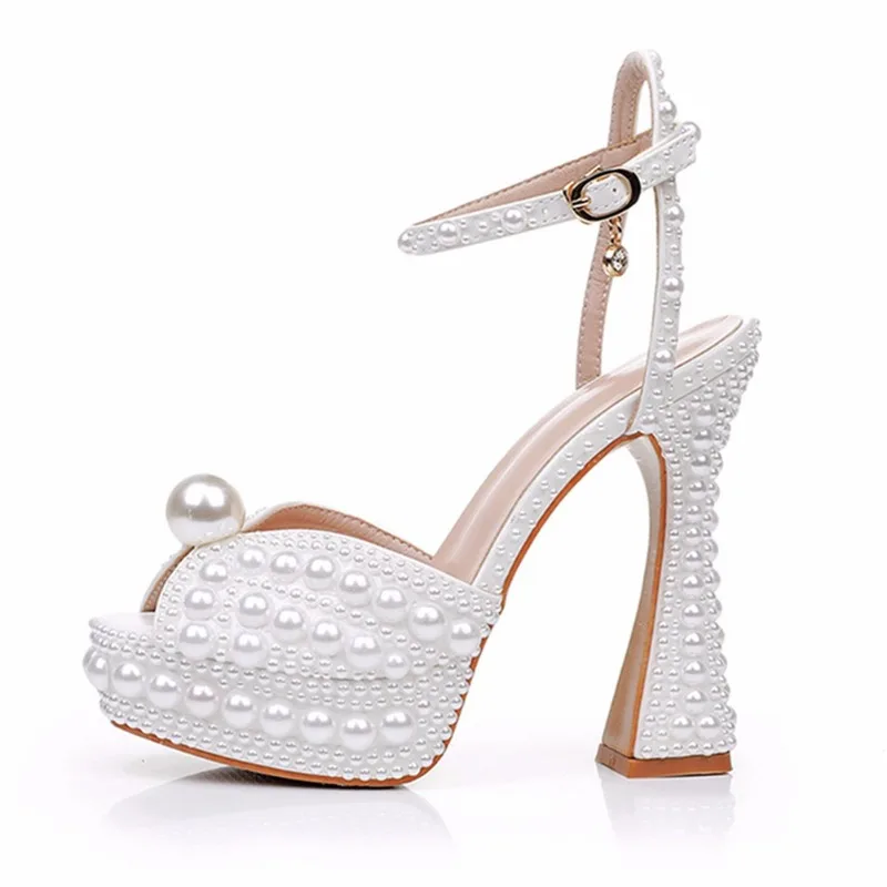 Zapatos de tacón sexis para mujer, sandalias para fiesta de boda, hebilla con correa de PU de 13CM, copa de vino alienígena, Boca de pescado cuadrada, zapatos huecos con perlas para boda