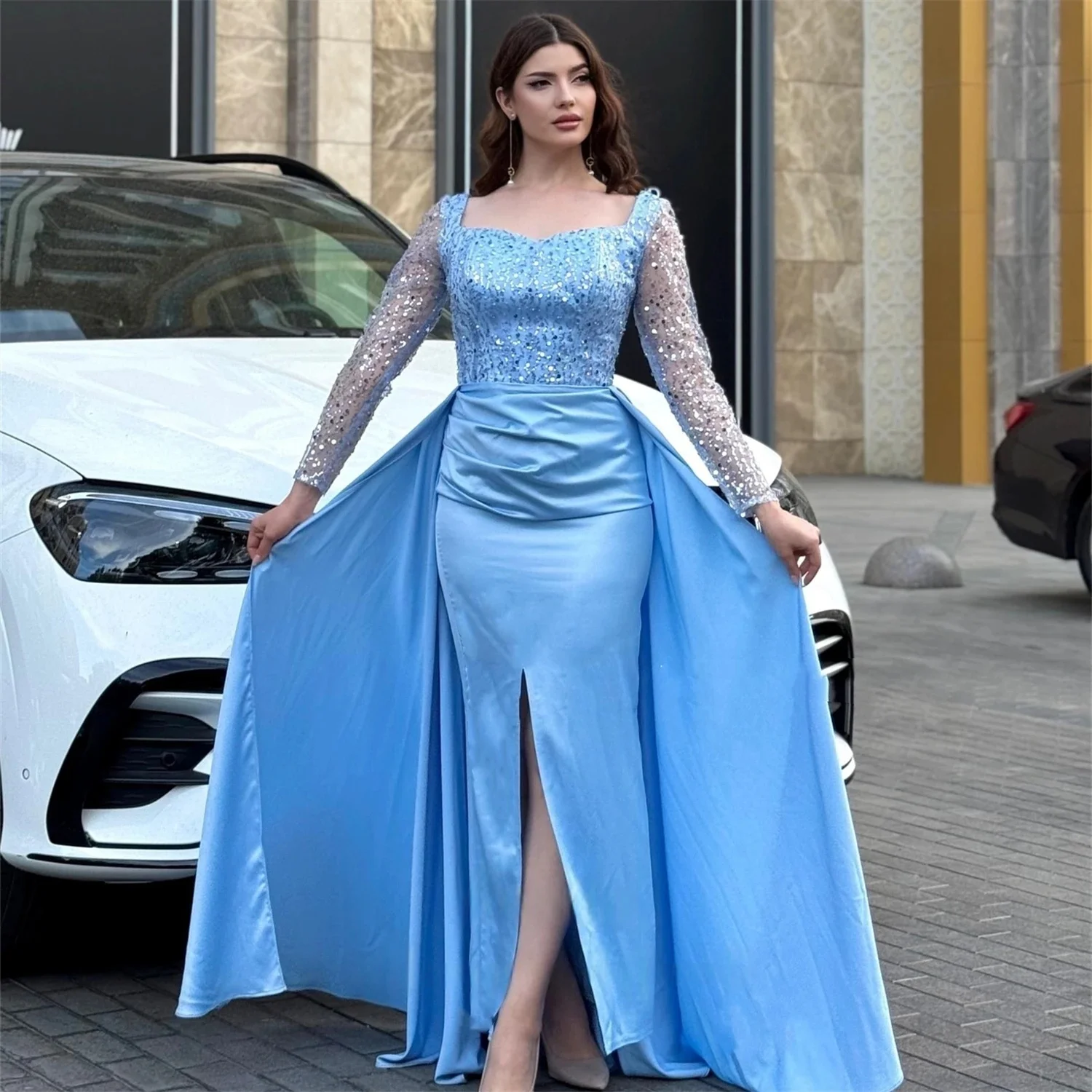 

Небесно-голубое платье с разрезом и длинными рукавами на заказ Вечерние платья для выпускного вечера Pastrol Унисекс Джерси Ретро Дубай Саудовская Аравия по индивидуальному заказу