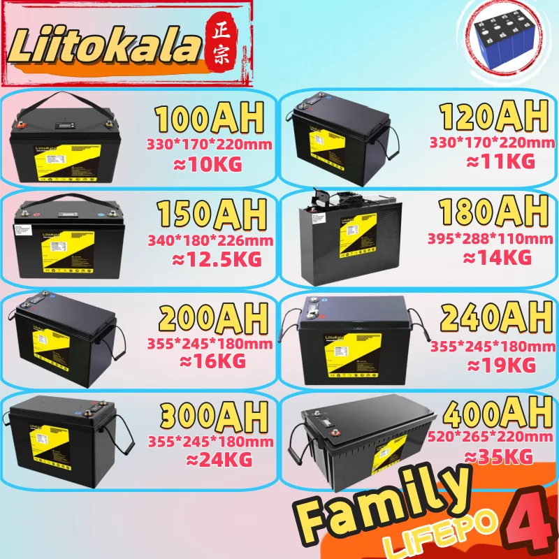 

LiitoKala 12V 24V LIFEPO4 family Battery 400AH 300AH 240AH 200AH 180AH 150AH 120Ah 100Ah 12.8V camping HOME appliance solar