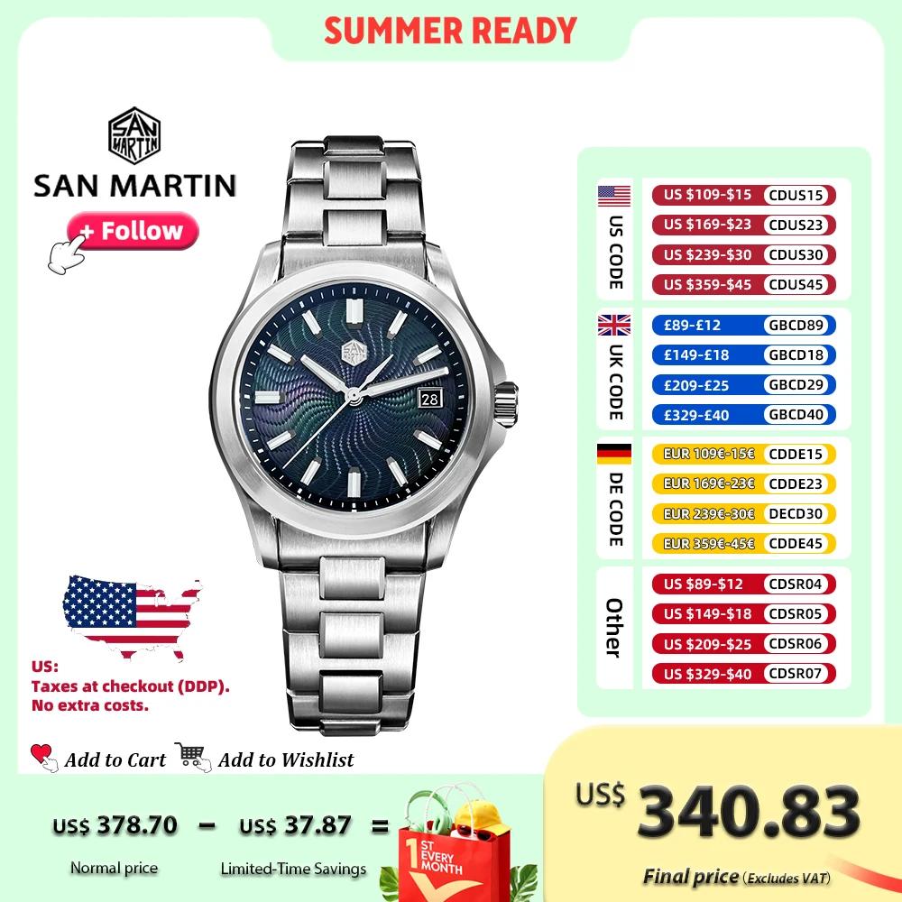 San Martin 39mm Watch Luxury Dress Miyota 9015 Automatic Mechanical Watches SN0150 for Men With Mop Guilloche 100m Waterproof