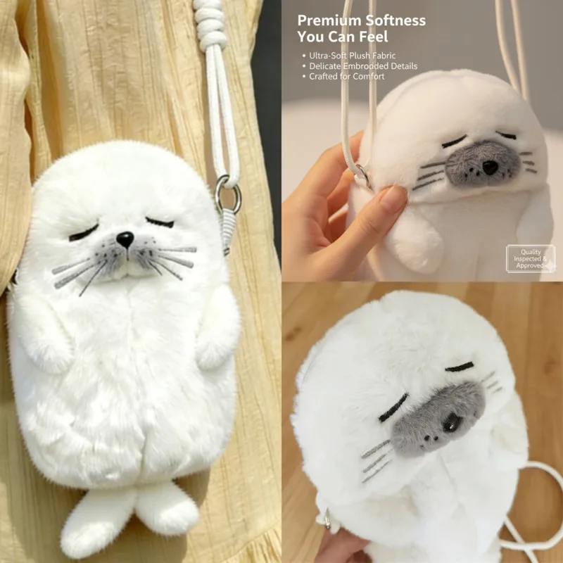 

Kawaii Cute Seal Plush Phone Bag Cartoon Mini Crossbody Shoulder Bag Adjustable Strap Trendy Animal Bag Print Accessory Bag New