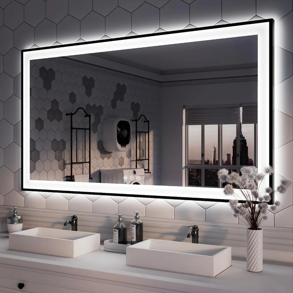 

55x30 Inch Framed LED Lighted Bathroom Mirror, Large Adjustable Illuminated Double LED Anti-Fog Wall Mirror