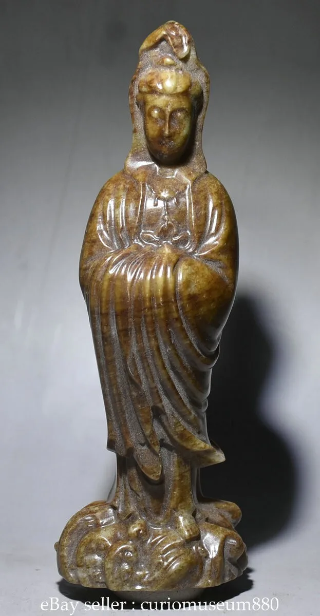 

5.4 inch old Chinese natural jade frame Guanyin Bodhisattva statue - gilt brass