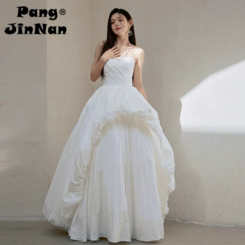 

PJN 2025 Strapless Wedding Engagement Dress Women Pleated Graduation Gown Dresses Formal Long Evening Party Performance Dress