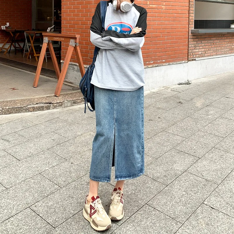 

High Waist Split Straight Sleeve Wrapped Hip Denim Skirt for Women